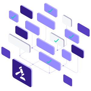 A series of rectangles floating in the air, connected by a thin line some of which have checkmarks on them. Closest to the viewer is a rectangle with the symbol of a monochrome white hammer and gavel