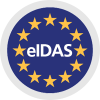 The word eIDAS against a navy blue background encircled by yellow stars, evoking the EU flag