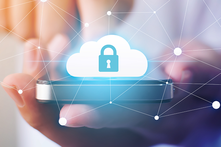 Risk Analytics: A bright fluorescent blue-white cloud, with the silhouette of a padlock in its center, connected to a thin white web of white lines and circular nodes, all against the out-of-focus background of two hands manipulating a mobile device.