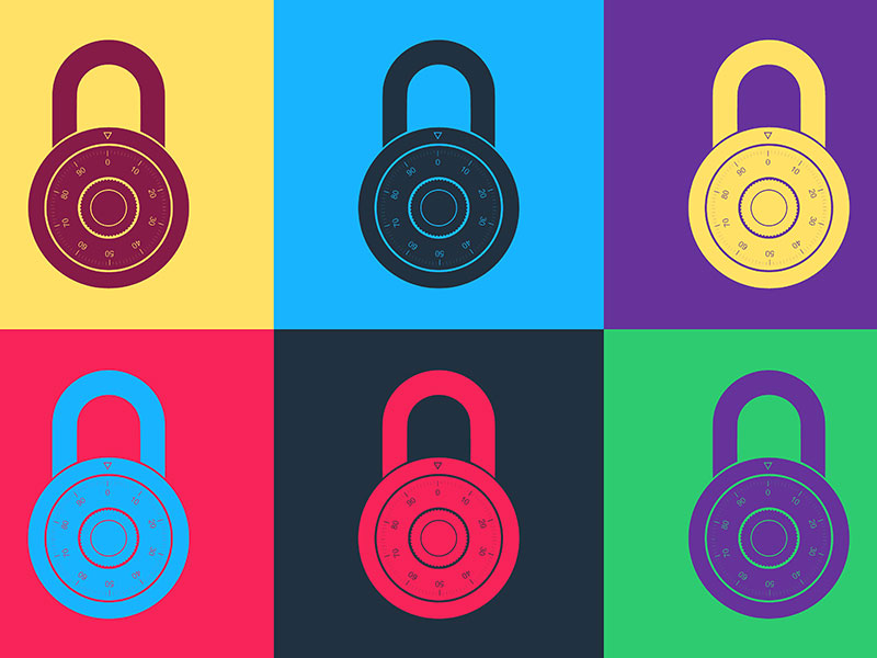Pop art Safe combination lock wheel icon isolated on color background. 