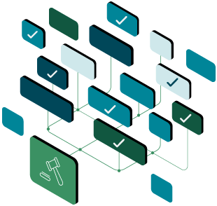 A series of rectangles floating in the air, connected by a thin line some of which have checkmarks on them. Closest to the viewer is a rectangle with the symbol of a monochrome white hammer and gavel