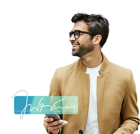 man holding phone and displaying an electronic signature to show he signed on his phone