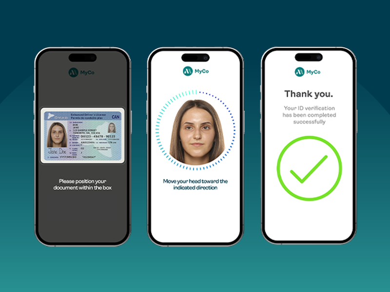 Three mobile phones with identity verification process: driver’s license scan, facial biometric check, confirmation message