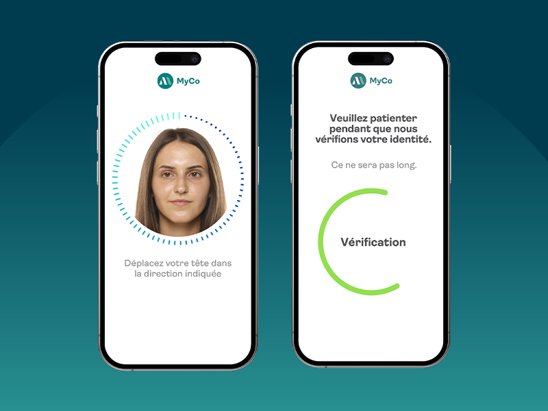 Deux téléphones mobiles affichant le processus de vérification d'identité: contrôle biométrique facial, vérification réussie