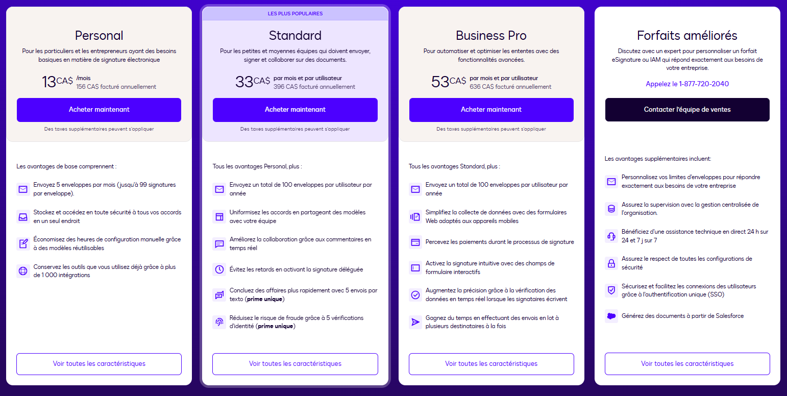 Forfaits Docusign signature électronique prix tarification