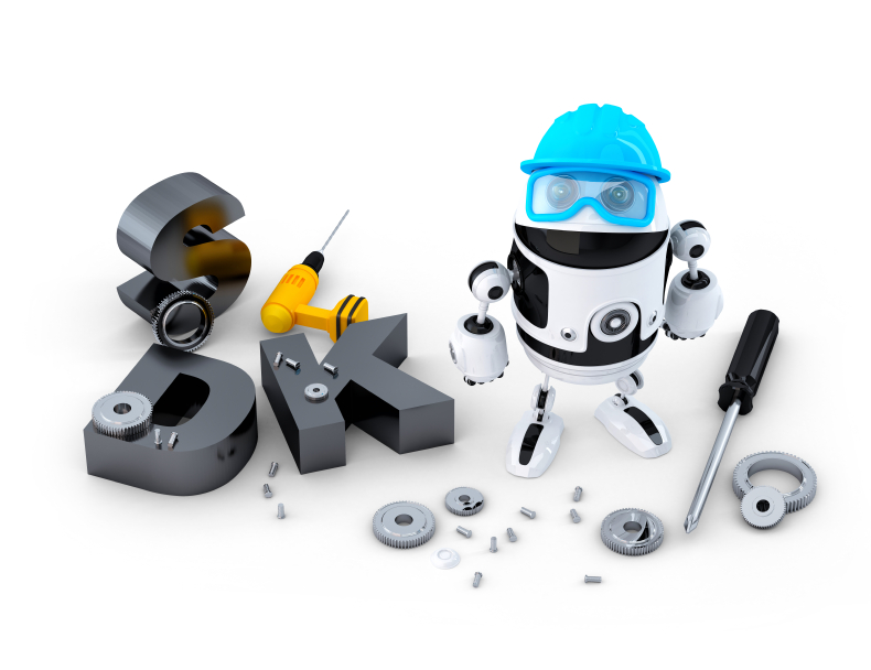 Roboter mit Werkzeugen und SDK-Zeichen. Technologiekonzept