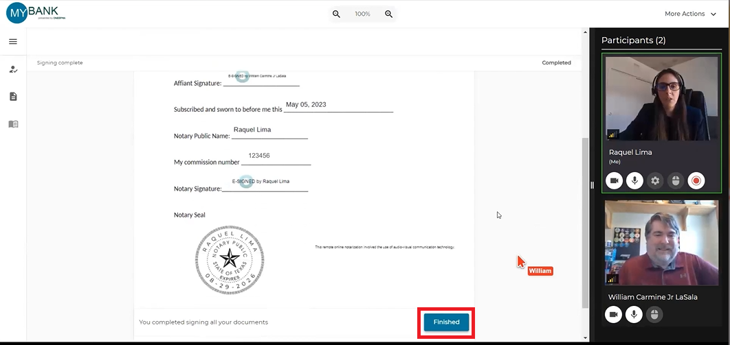 The notary reviews the notarized document with the signer then clicks ‘Finished’.