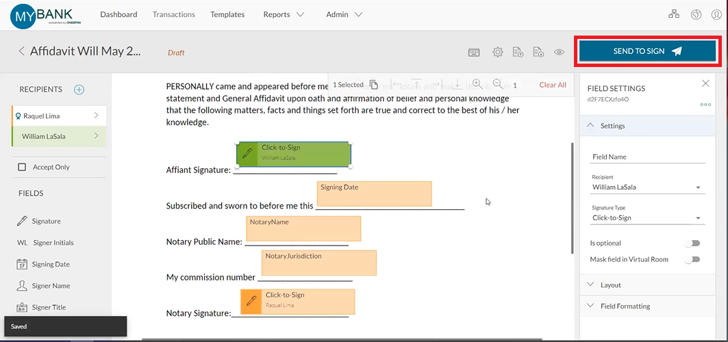 The transaction is now ready and the notary clicks ‘Send to Sign’ to send the Affidavit to the signer.