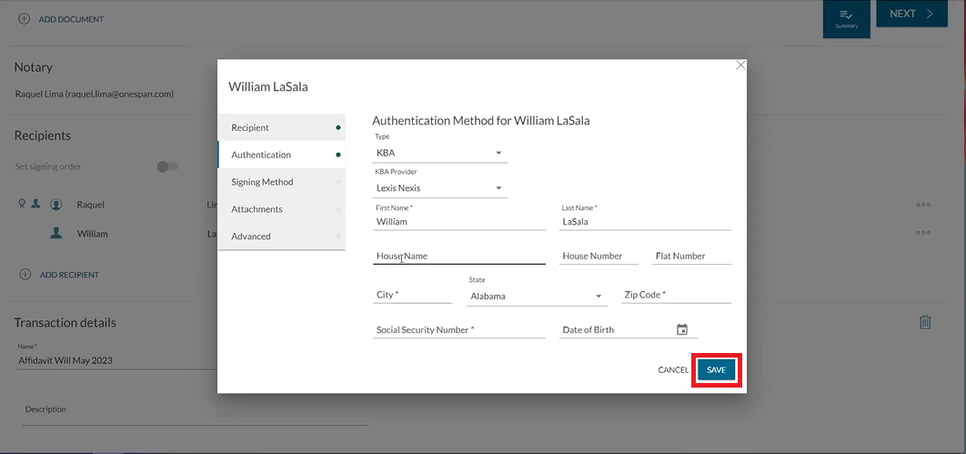 The notary fills in additional information about the signer and clicks ‘Save’.