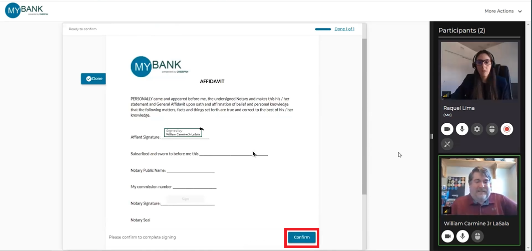 The signer reads and signs the required areas of the document then clicks ‘Confirm’.