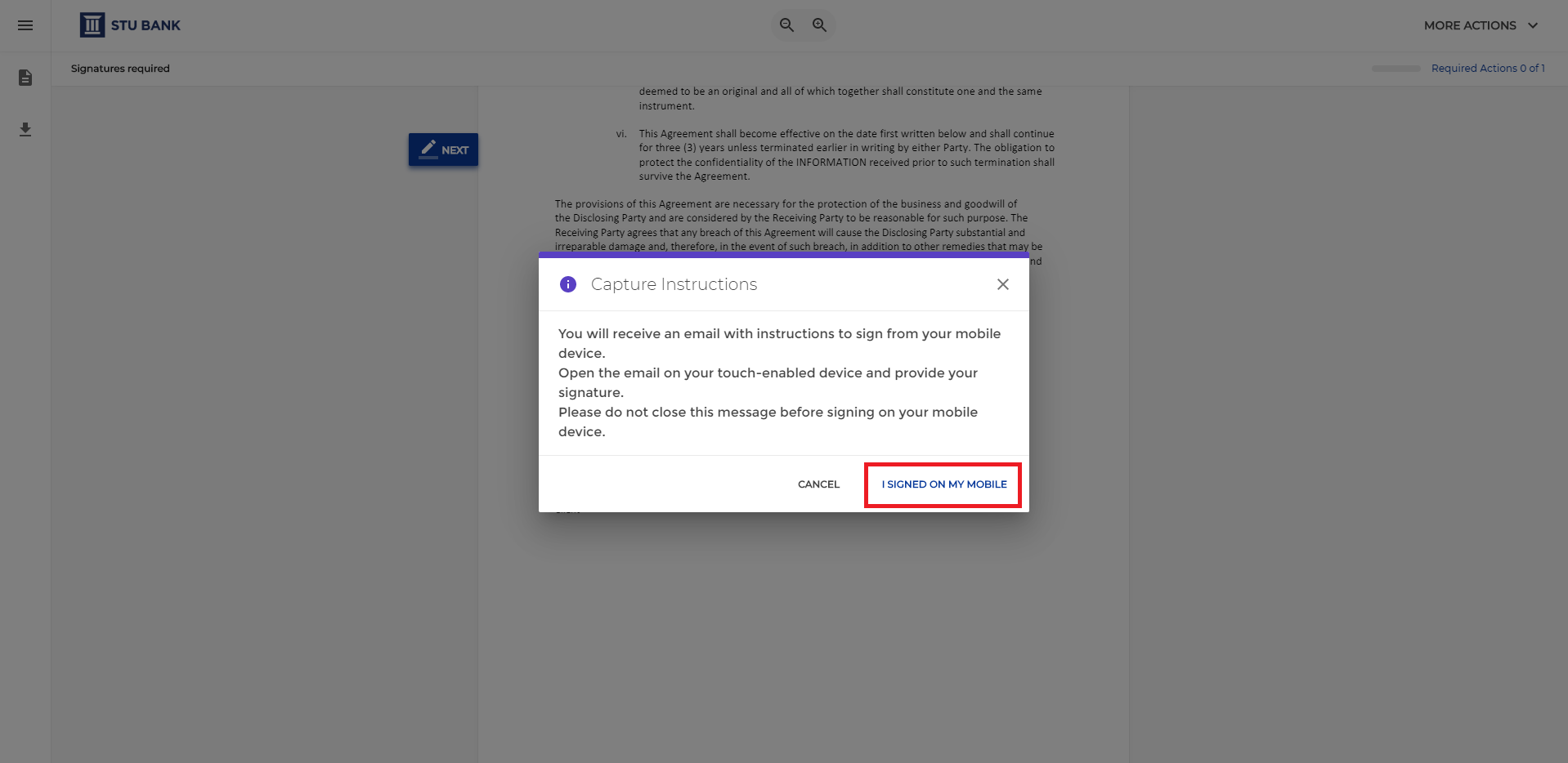 The signer confirms they signed from their mobile device by selecting ”I signed on my mobile device” on the ”Capture Instructions” screen displayed on their PC.  