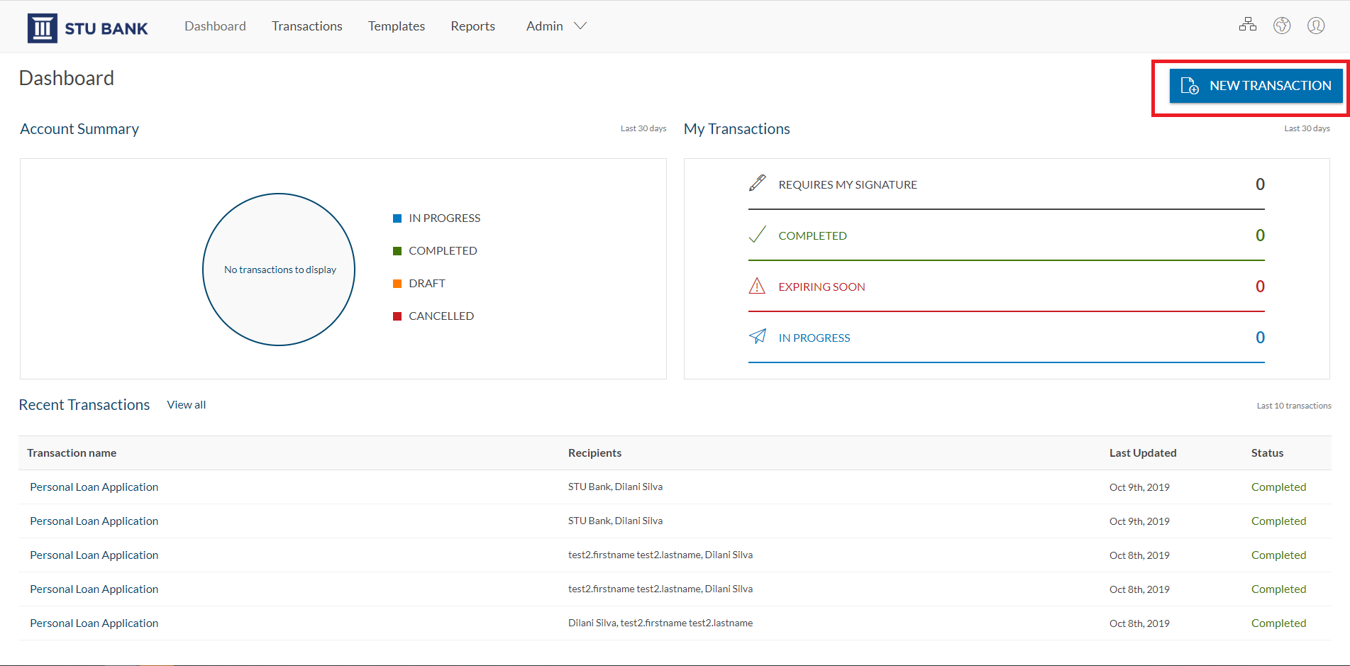 Start by creating a transaction using the ”New Transaction” button in the top right-hand corner.  