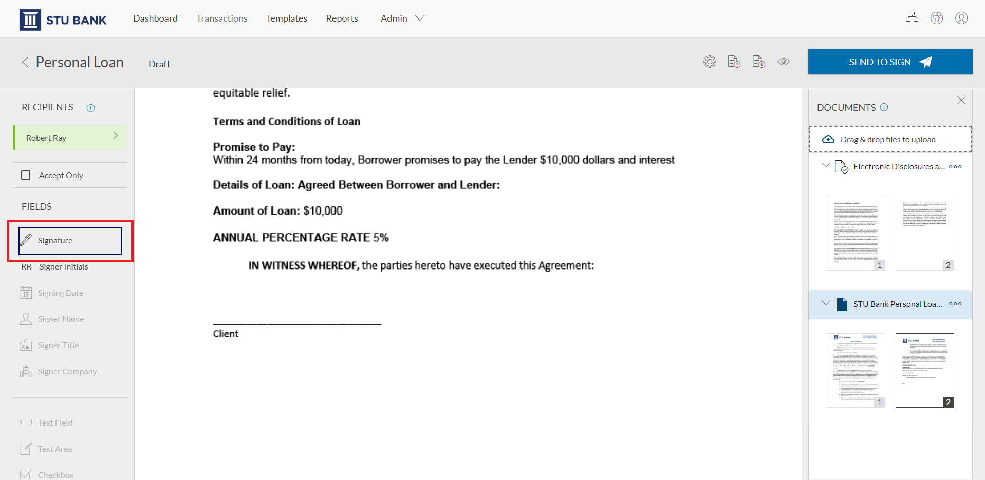 Add a signature by clicking the ”Signature” field and moving the signature block to a desired location on your document.