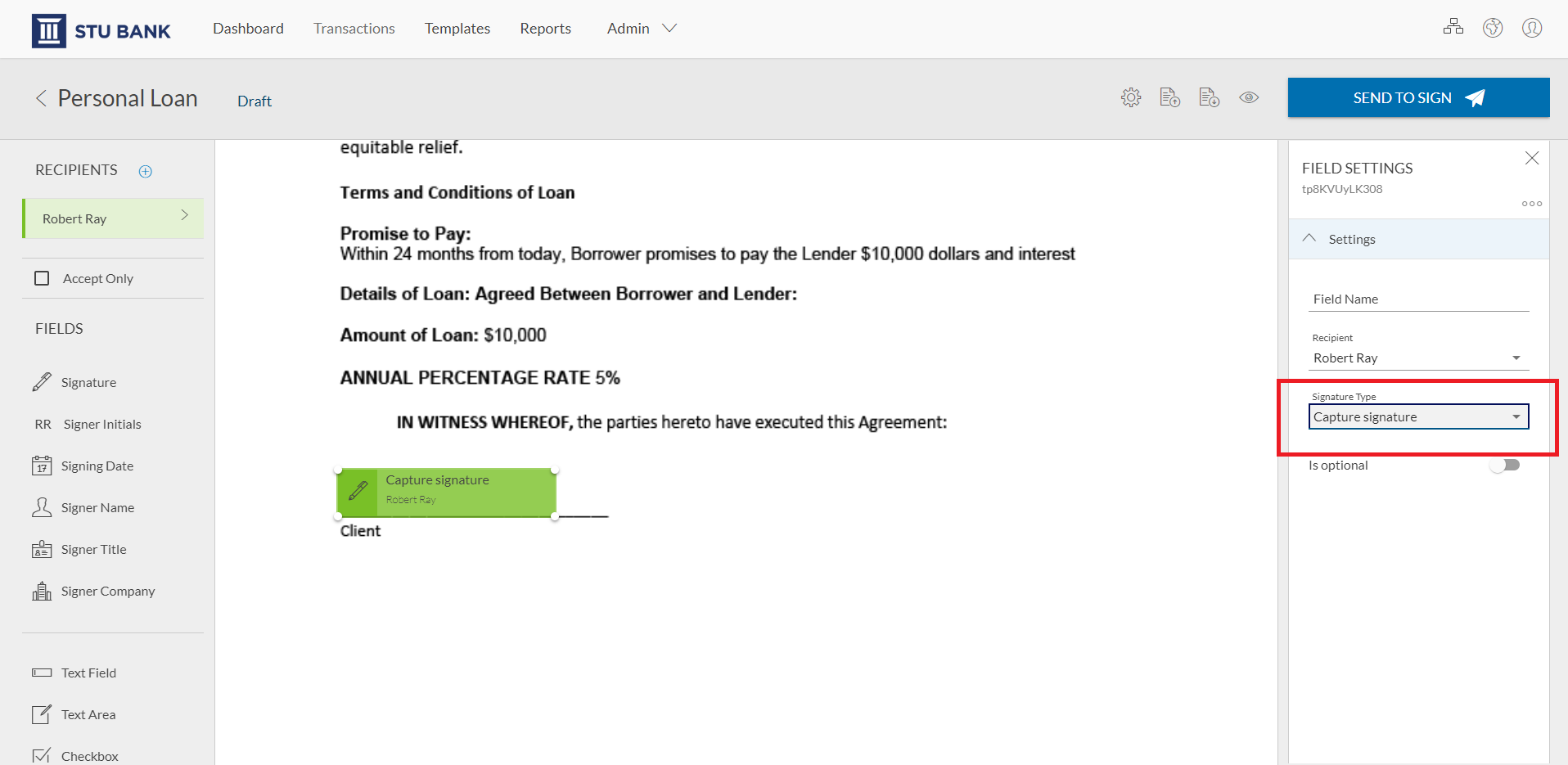 In the “Field Settings” section, select the “Capture Signature” option in the “Signature Type” dropdown menu to capture your signer’s handwritten signature in the document.  