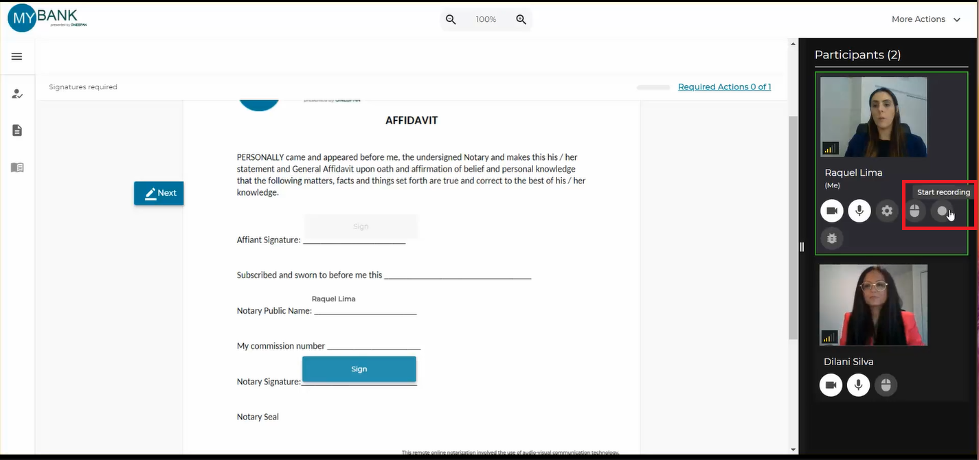 The notary can start recording at any point of the session as per state requirements. The notary clicks the ‘Start recording’ button from their control panel.