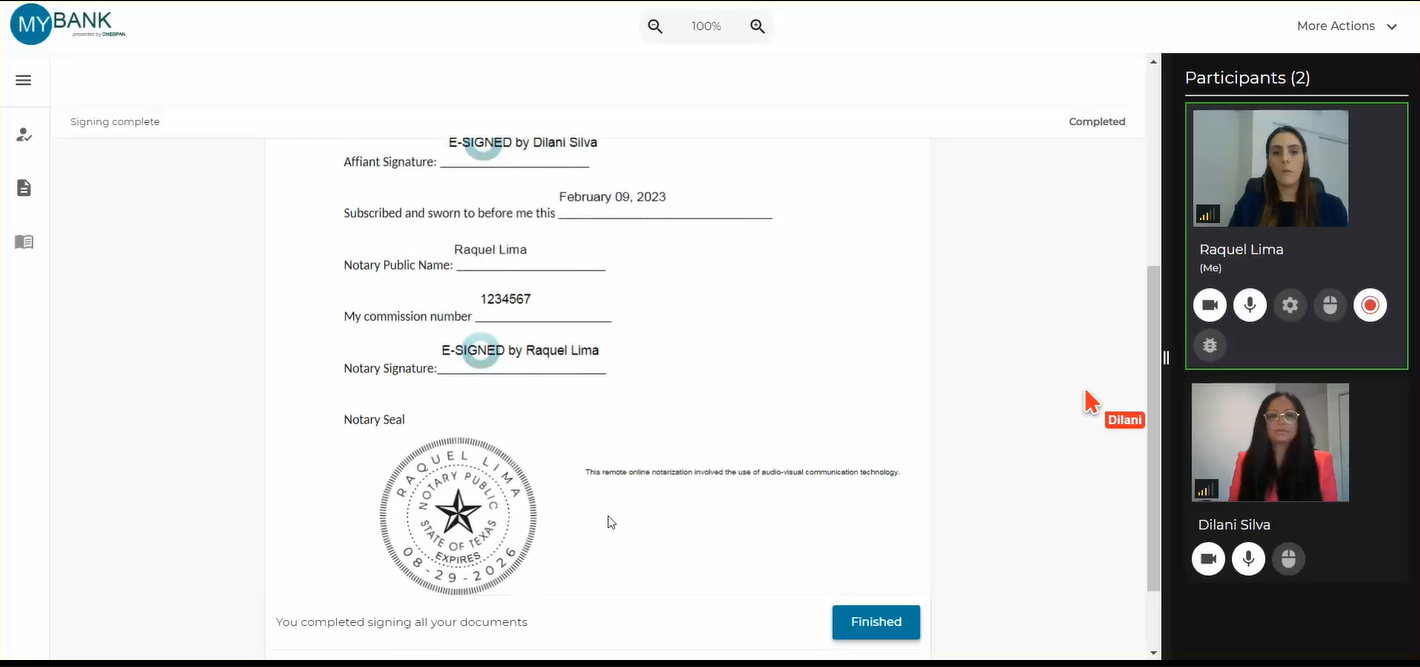 Information such as notarization date, notary’s name, notary’s commission, jurisdiction and remote online notarization wording are included after the notarization is completed.