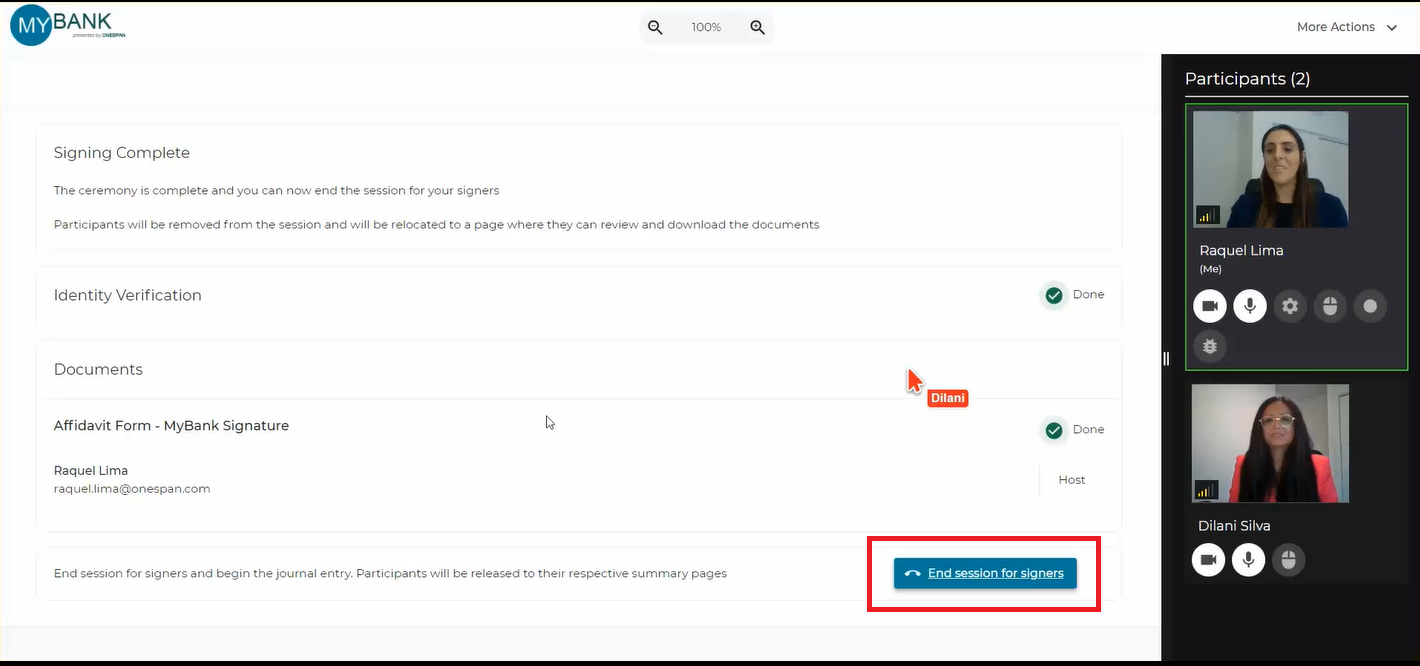 The notary clicks ‘End session for signers’.