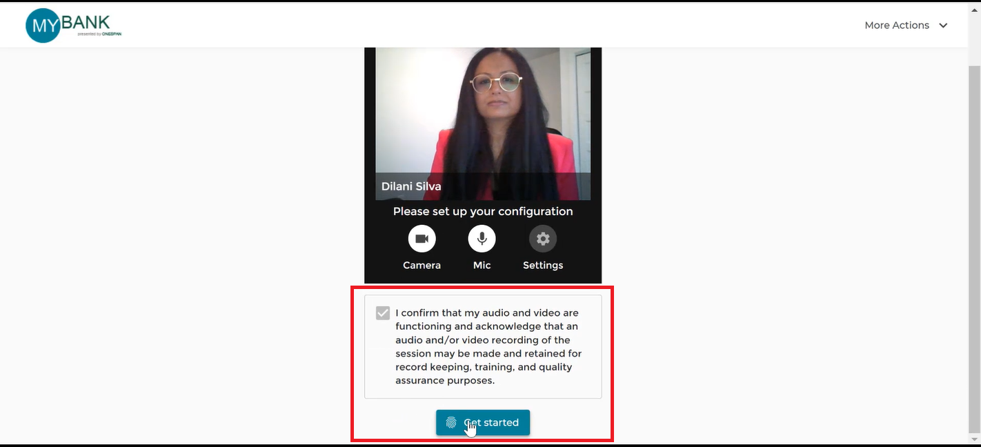 The signer confirms their audio and video settings, consents to the audio / video recording of the remote online notary session, and clicks ‘Get Started’. 