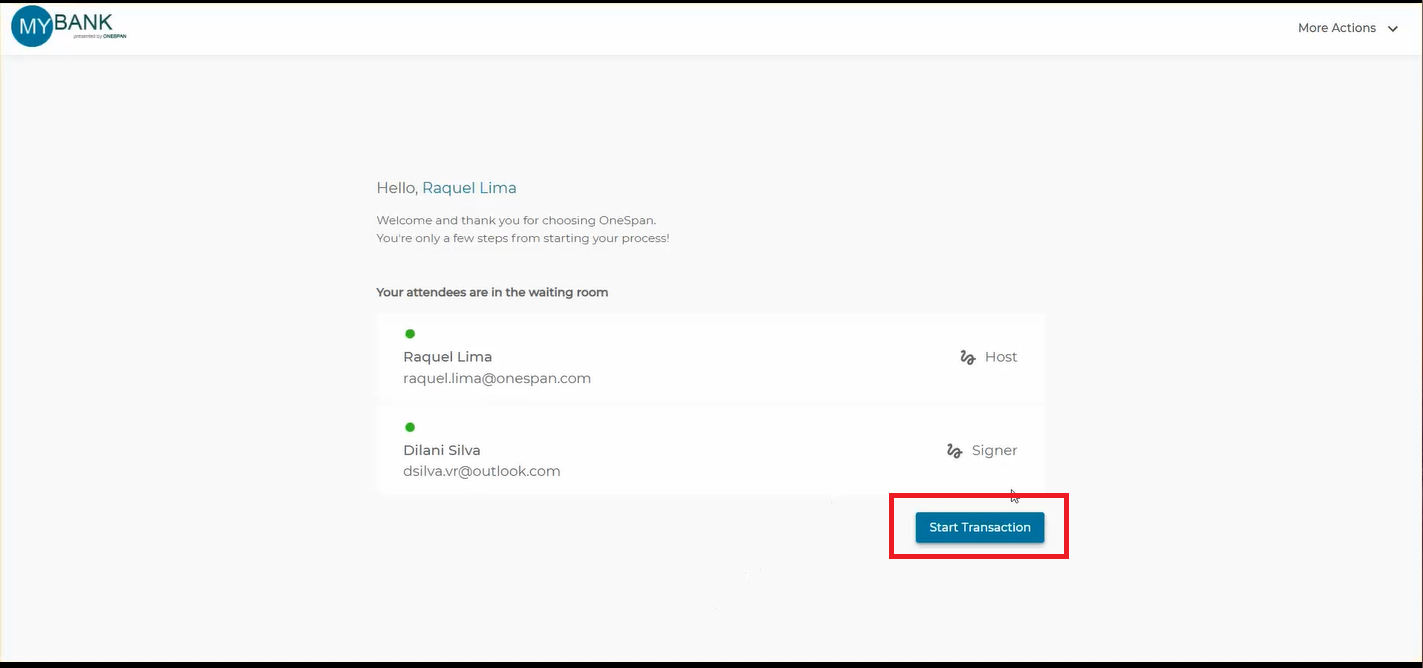 The notary joins, verifies that the signer is in the waiting room, then starts the remote online notary session by clicking ‘Start Transaction’.