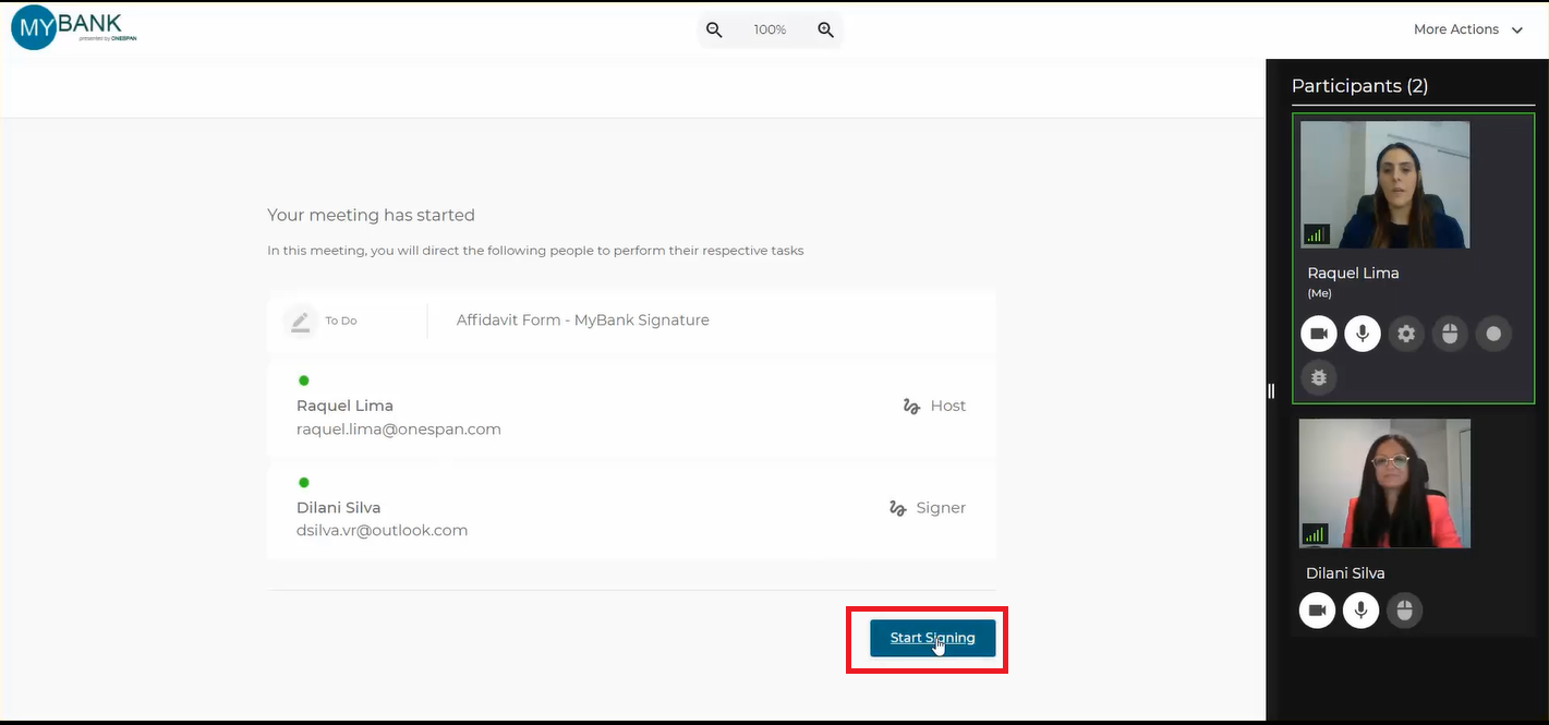 The notary clicks the ‘Start Signing’ button to initiate the e-signing and notarization process.