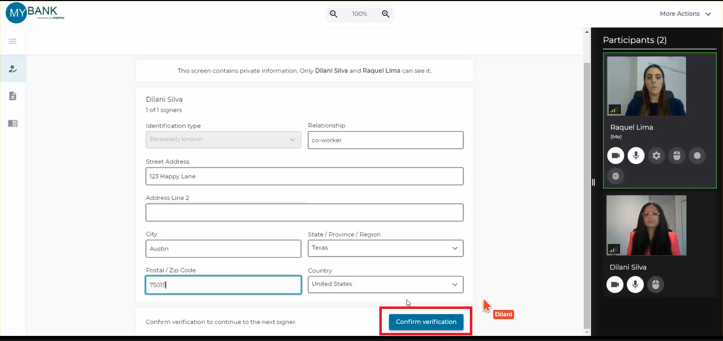 The notary adds the signer’s address information to the eJournal and clicks ‘Confirm Verification’.