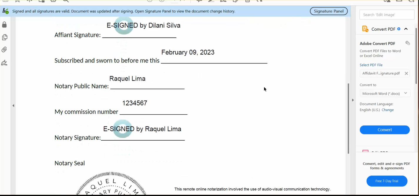 The notarized document shows the signer’s e-signature, the date the document was notarized, the notary’s name and commission number, the notary’s e-signature, the eNotary electronic seal, and the remote online notarization wording.