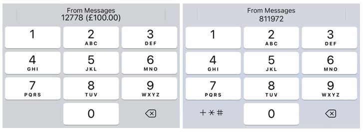 Figure 3: The image on the left side shows an autofill suggestion for a transaction authorisation security code linked to a transaction of value GBP 100. The image on the right side shows an autofill suggestion for a transaction authorisation security code linked to a transaction of value SEK 1500.