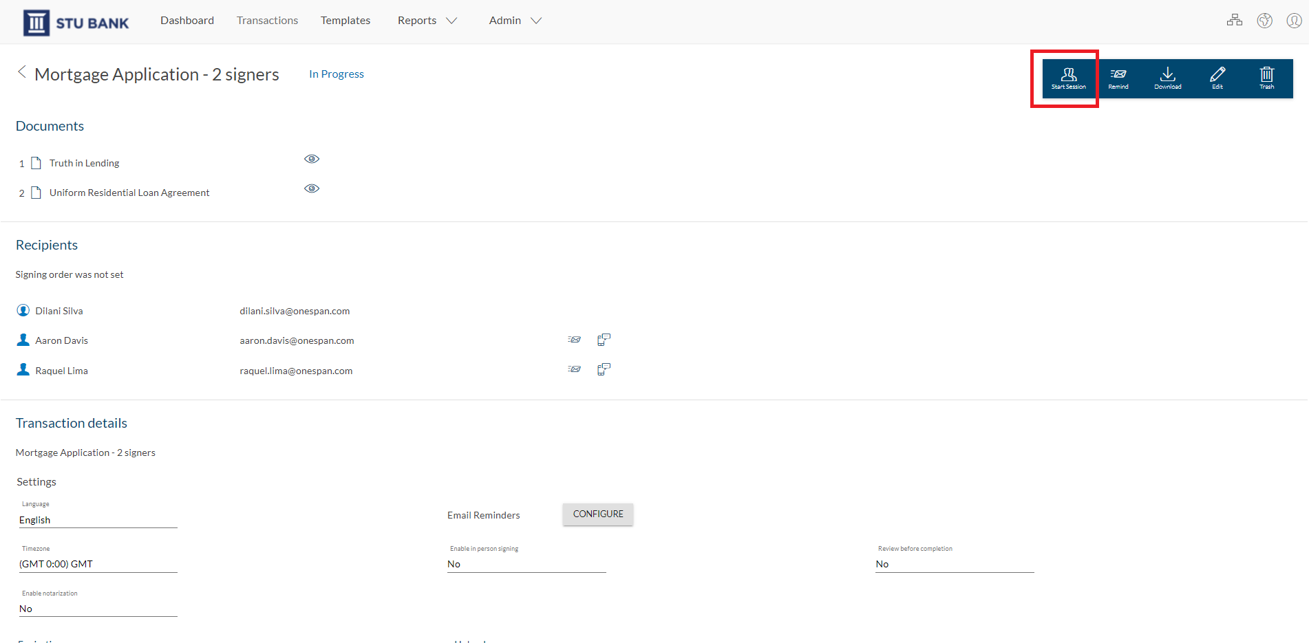 When it’s time to launch the Virtual Room session, the advisor pulls up the transaction, clicks ‘Start Session’