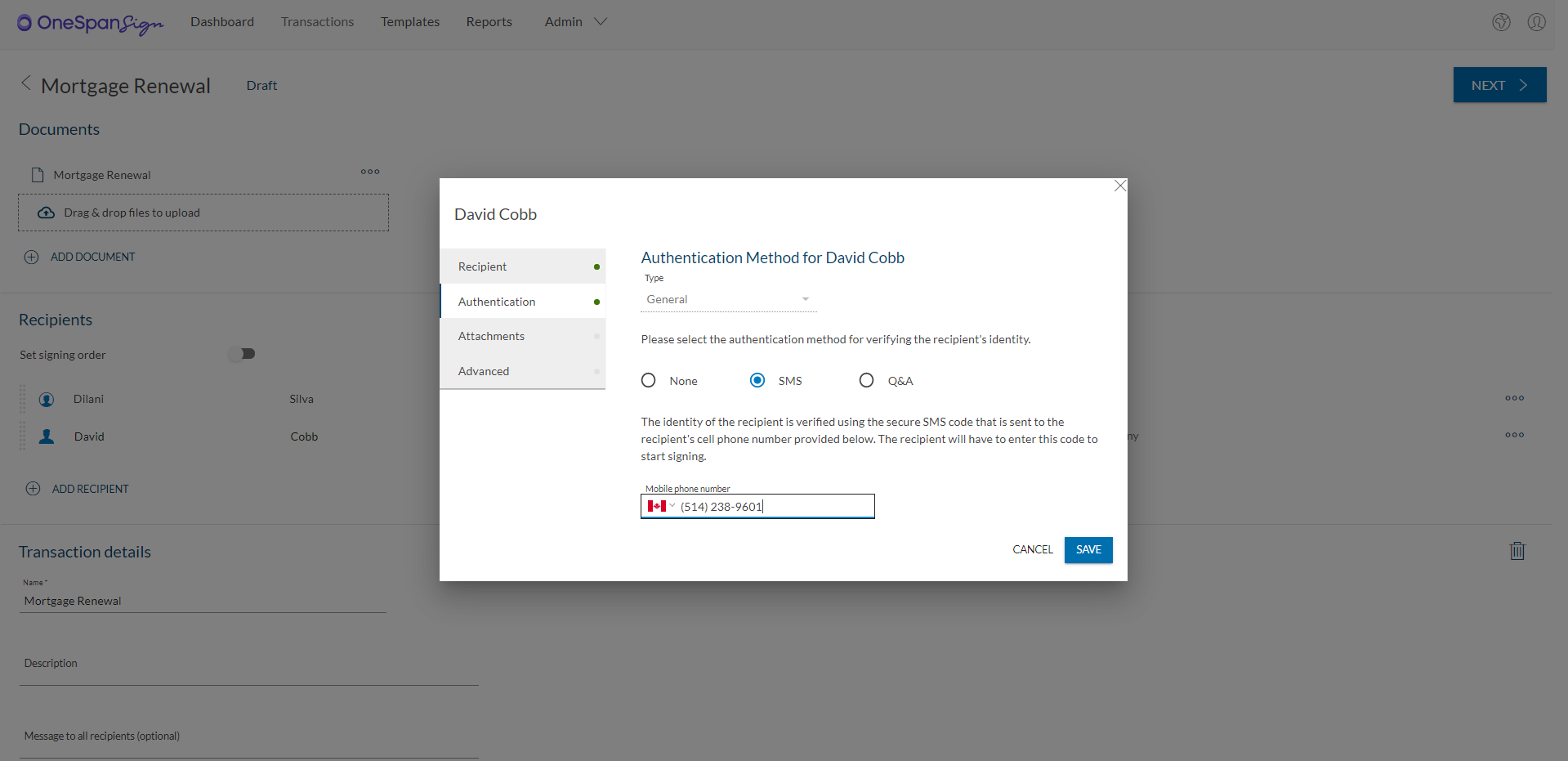 Select ‘SMS’ in the authentication methods section. Enter David Cobb’s mobile phone number.  Click 'Save'.