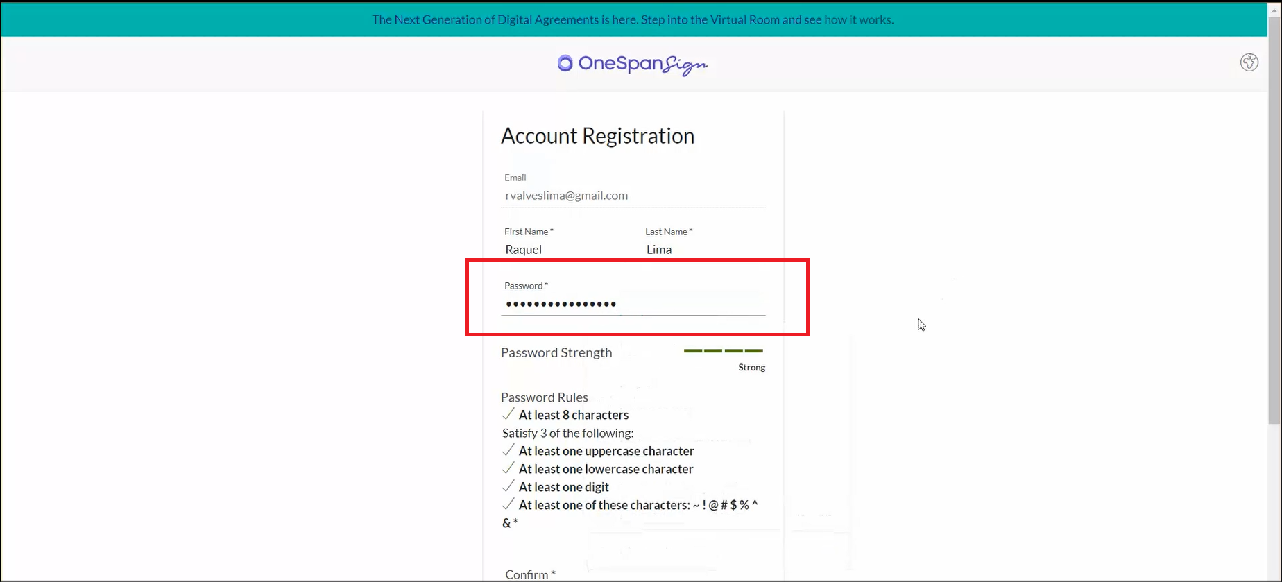 The notary registers their account by creating a password to access OneSpan Notary.