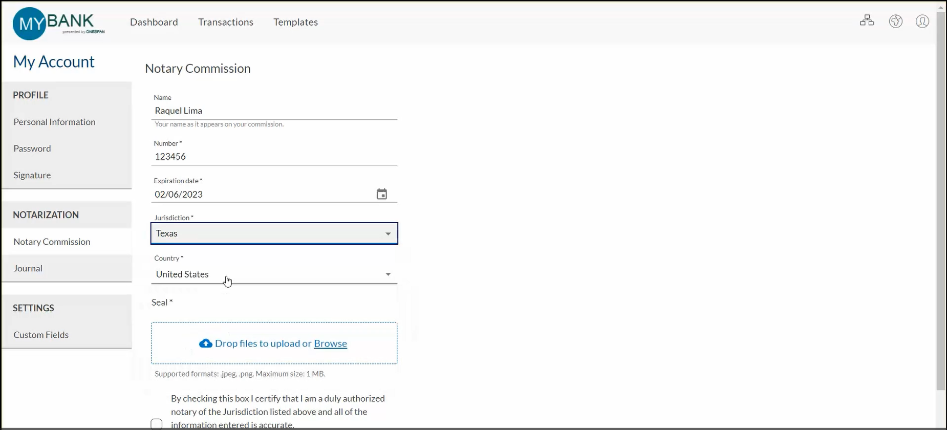 Next, the notary is brought to the ‘My Account’ section to fill in their account details