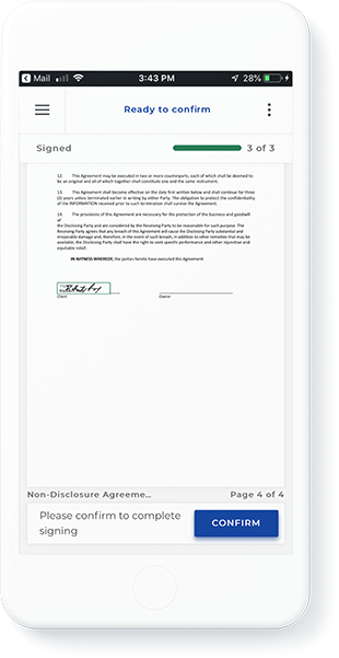 Once you are done signing the documents, click the Confirm button. Digital encryption is applied to the document as a final confirmation that the signing ceremony is complete. 