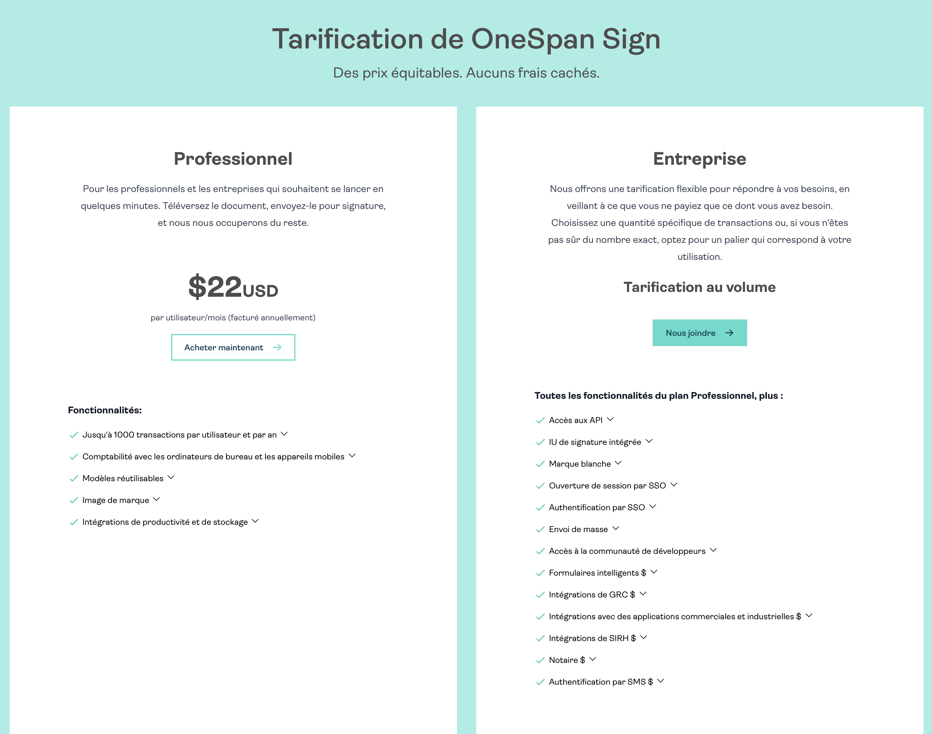 OneSpan Sign pricing screenshot french
