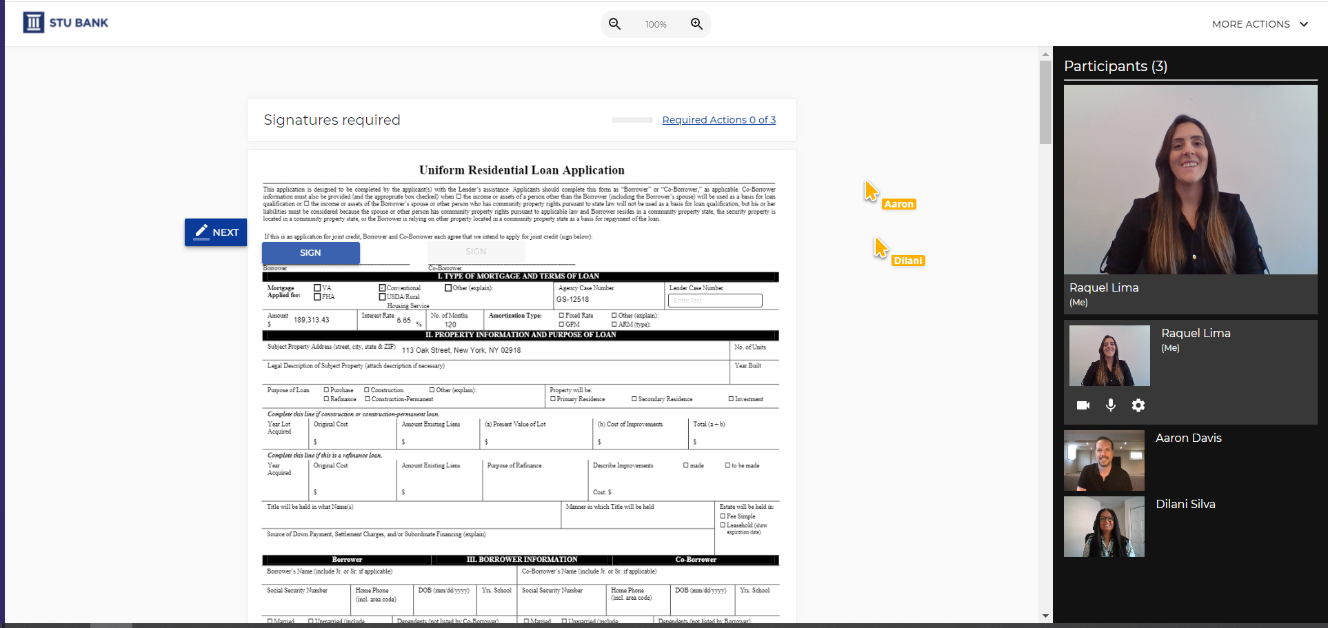 The advisor passes control to the first signer. The signer reads, signs and initials the required areas of the document. If the signer has questions, the advisor is available in real-time to provide answers and clarify terms and conditions.  