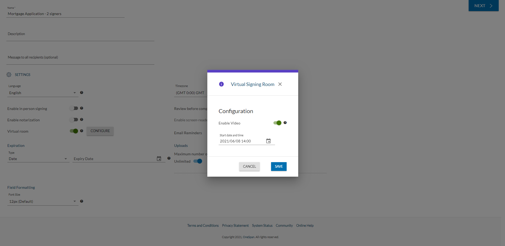 ... then enables the video capability and schedules a date and time for the Virtual Room session. 