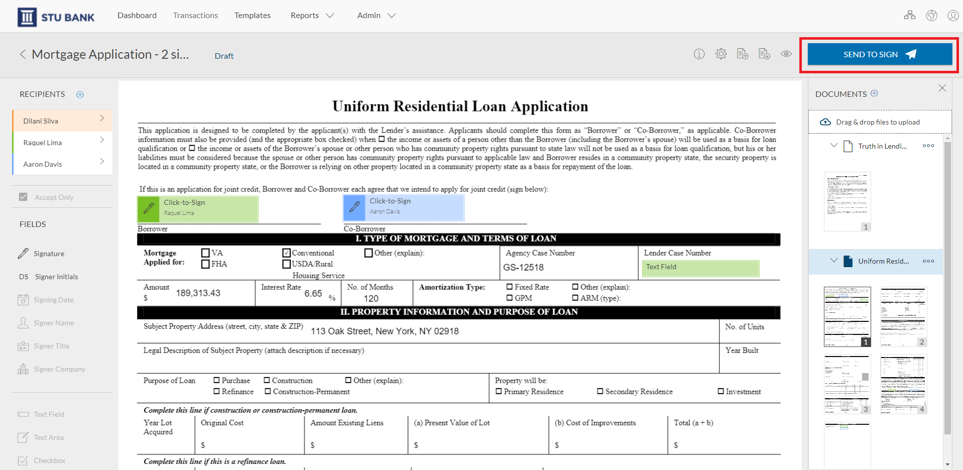 The transaction is now ready to send. The advisor clicks ‘Send to Sign’ to schedule the virtual room session. 