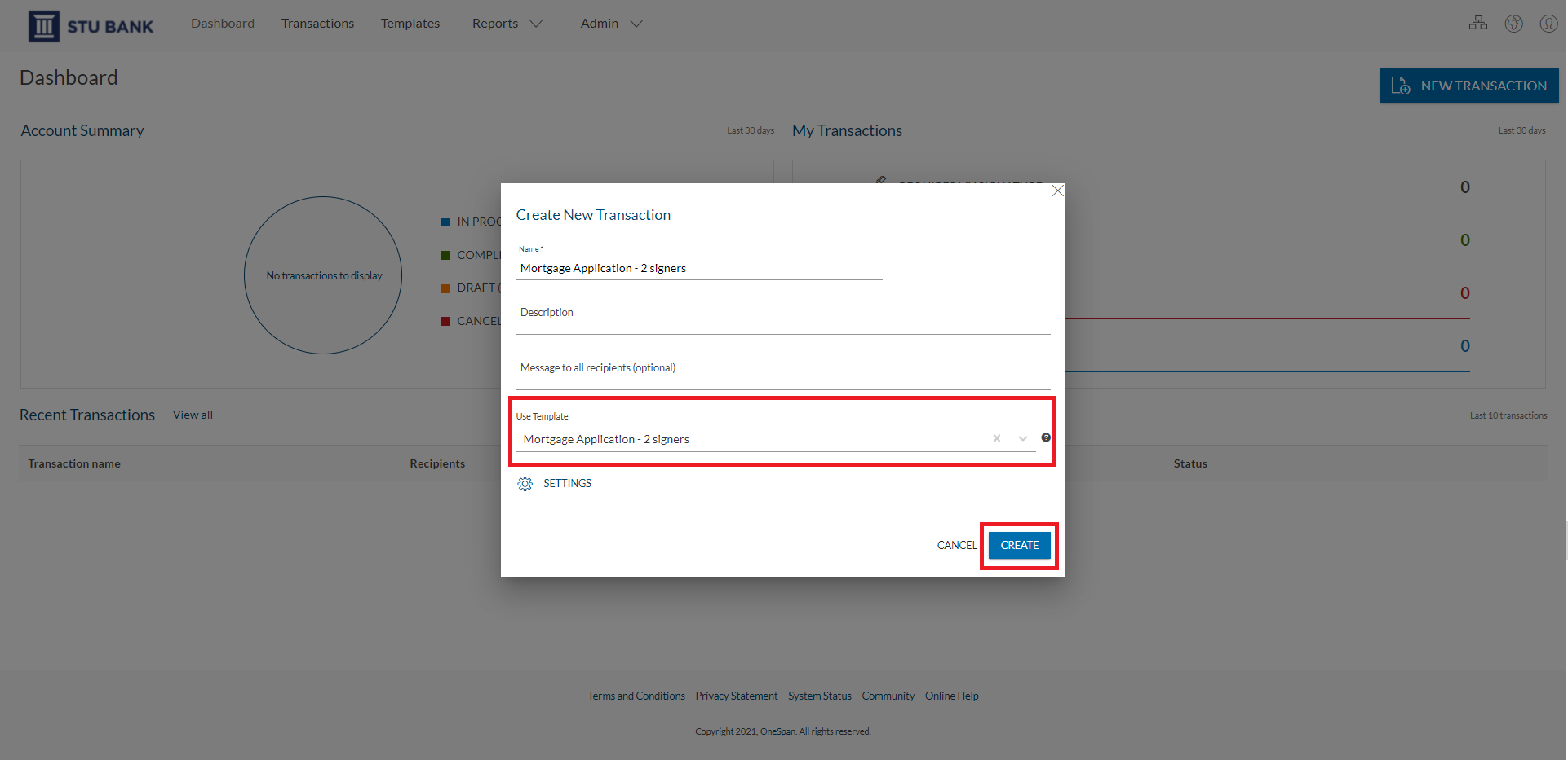 Since the advisor already created a template, they’ll select the desired template then click the ‘Create’ button to proceed. 