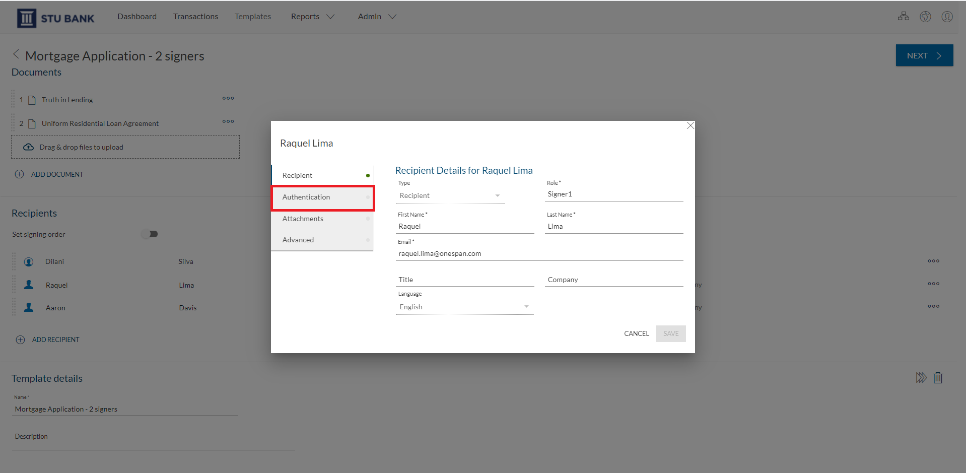 n the Recipient Settings section, the advisor selects the SMS authentication option to authenticate both signers in the transaction. 