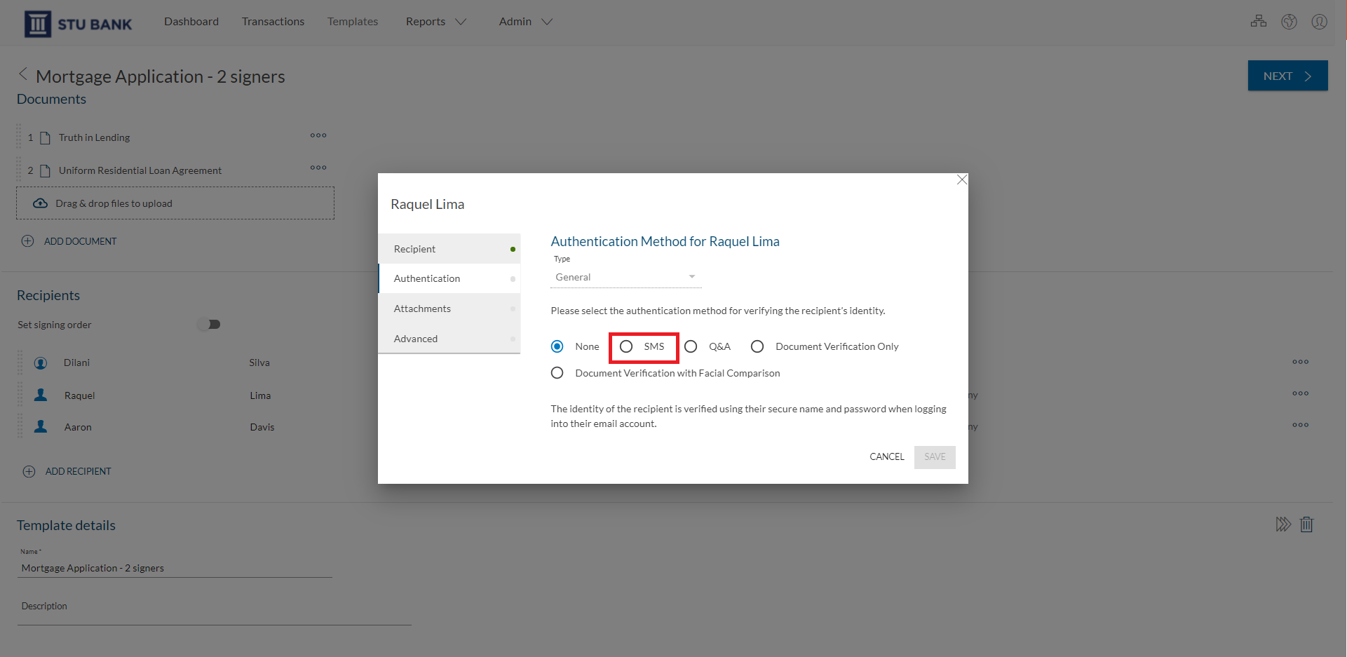 n the Recipient Settings section, the advisor selects the SMS authentication option to authenticate both signers in the transaction. 