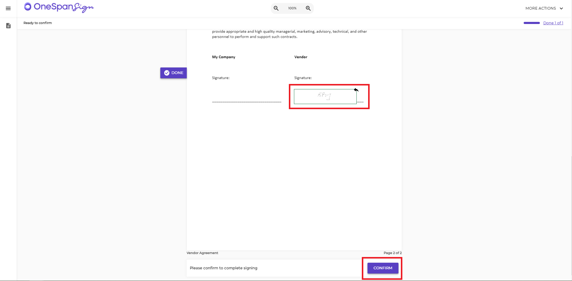 The image of the signature now appears in the document. Once they are done signing the document, they will click the ”Confirm” button.