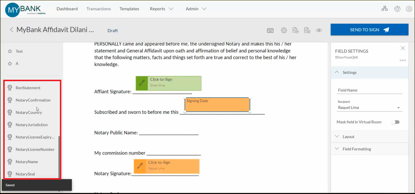 ow it’s time for the notary to prepare the affidavit by dragging and dropping the signature blocks into the desired areas of the document.