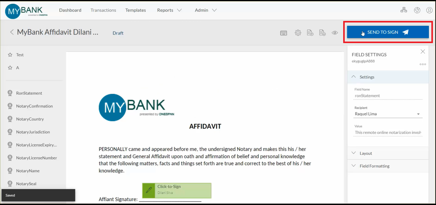 The notary clicks ‘Send to Sign’ to schedule the Remote Online Notarization session.