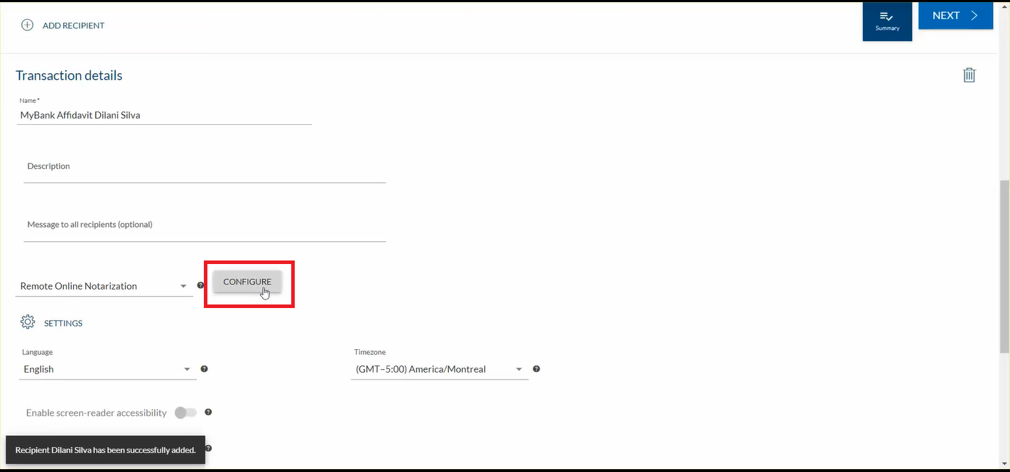 The notary scrolls down and clicks ‘Configure’.