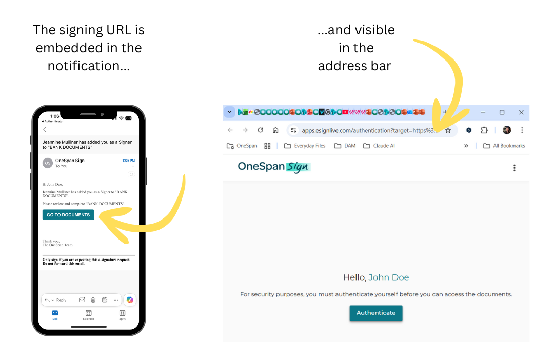 The signing URL is embedded in the email or SMS notification with a link or button to the documents that need signing. The link is visible in the address bar.