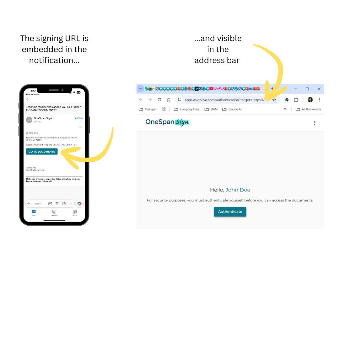 The signing URL is embedded in the email or SMS notification with a link or button to the documents that need signing. The link is visible in the address bar.