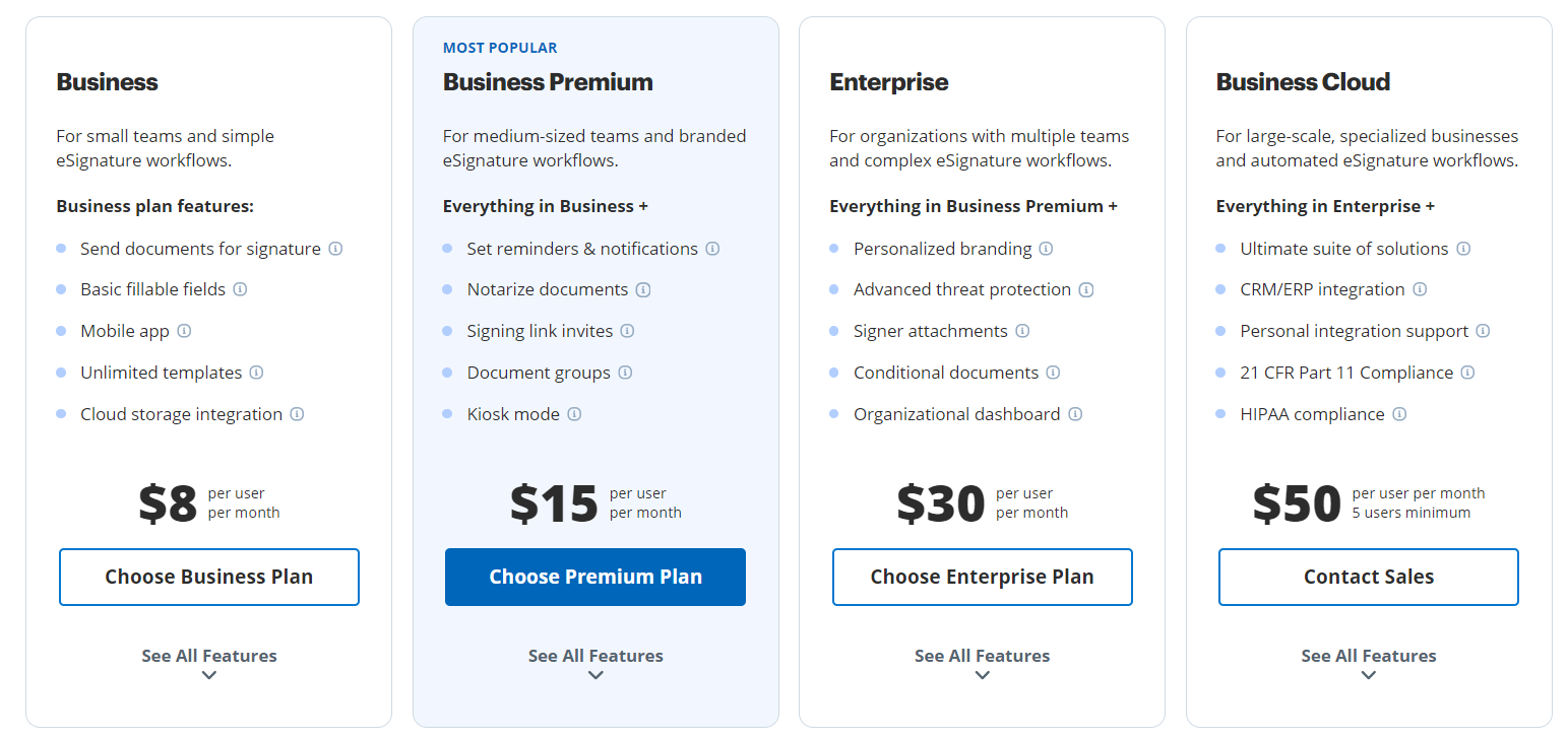SignNow Screenshot of Business and Enterprise Pricing Plan