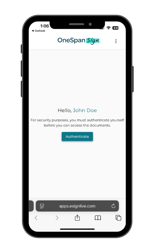 Image shows a cell phone screen on the OneSpan Sign page asking the user to authenticate before accessing the documents.