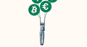 Woman hanging from green currency symbol balloons