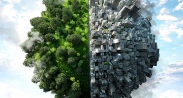 Two semi spheres connected together in one planet. Left part covered by trees against right part fully urban and covered by buildings. Sustainability concept.