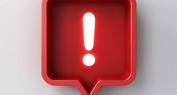3d social media notification neon light Exclamation mark icon in red rounded square pin isolated on white background with shadow 3D rendering